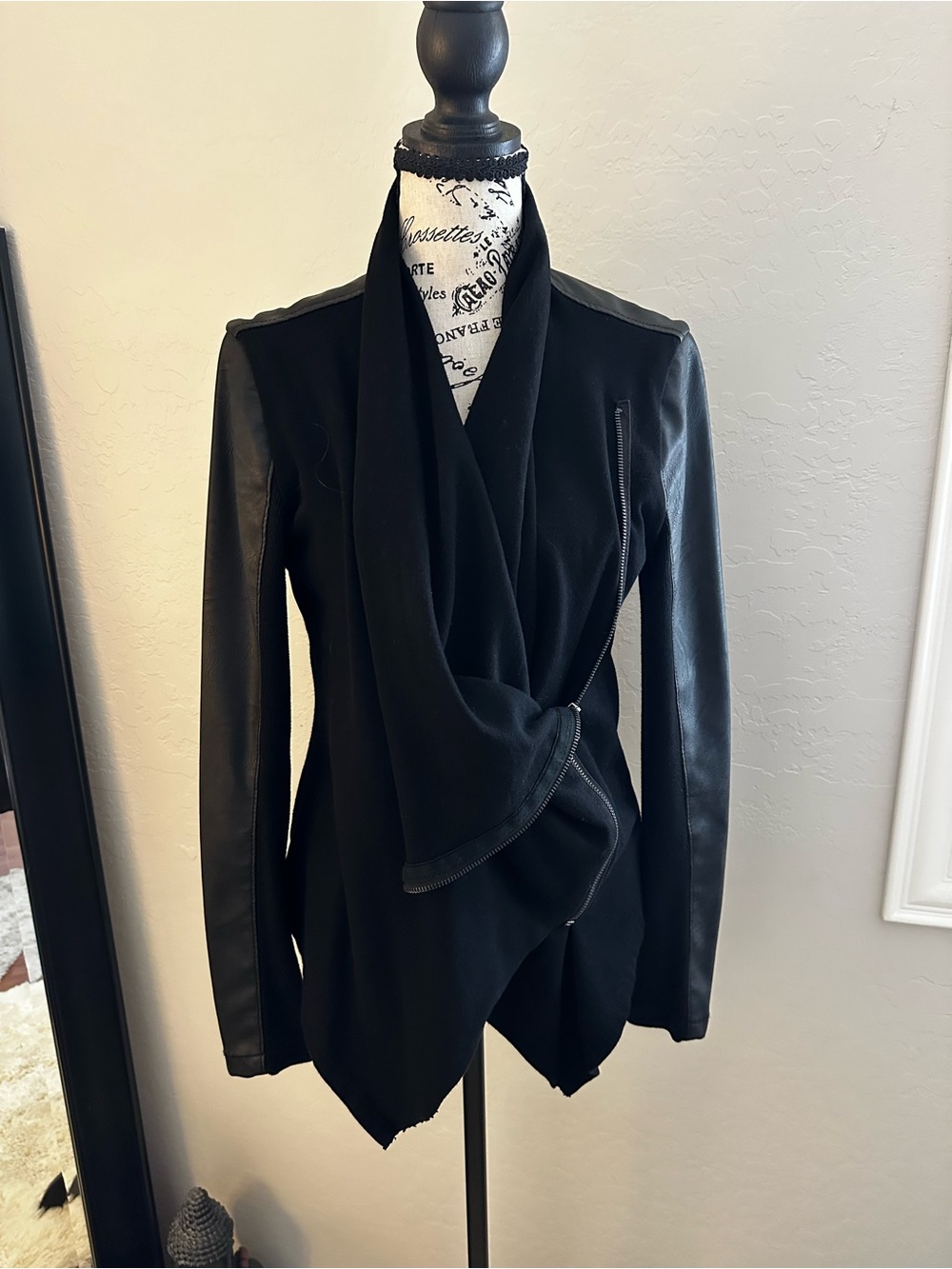 Blank NYC Women's Black Draped Jacket with Faux Leather Sleeves